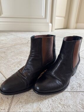 Classic Black Leather Chelsea Booties with metallic copper Elastic Panels